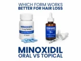Comparison of Minoxidil tablets and topical solution with text "Minoxidil Oral VS Topical: Which Form Works Better For Hair Loss.